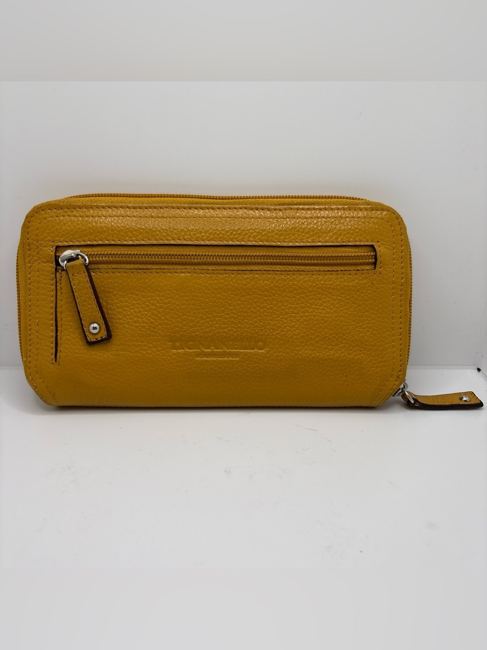 TIGNANELLO Leather Wallet Mustard Yellow Zip Around Multi Slot Clutch Pockets